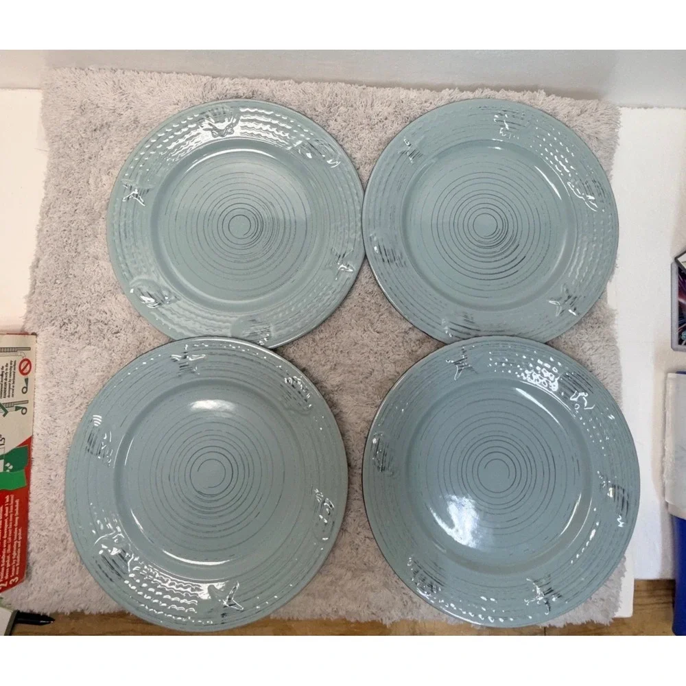 Pfaltzgraff Trellis Coastal Teal Dinner Plates Set of 4 Starfish Shells 11 inch